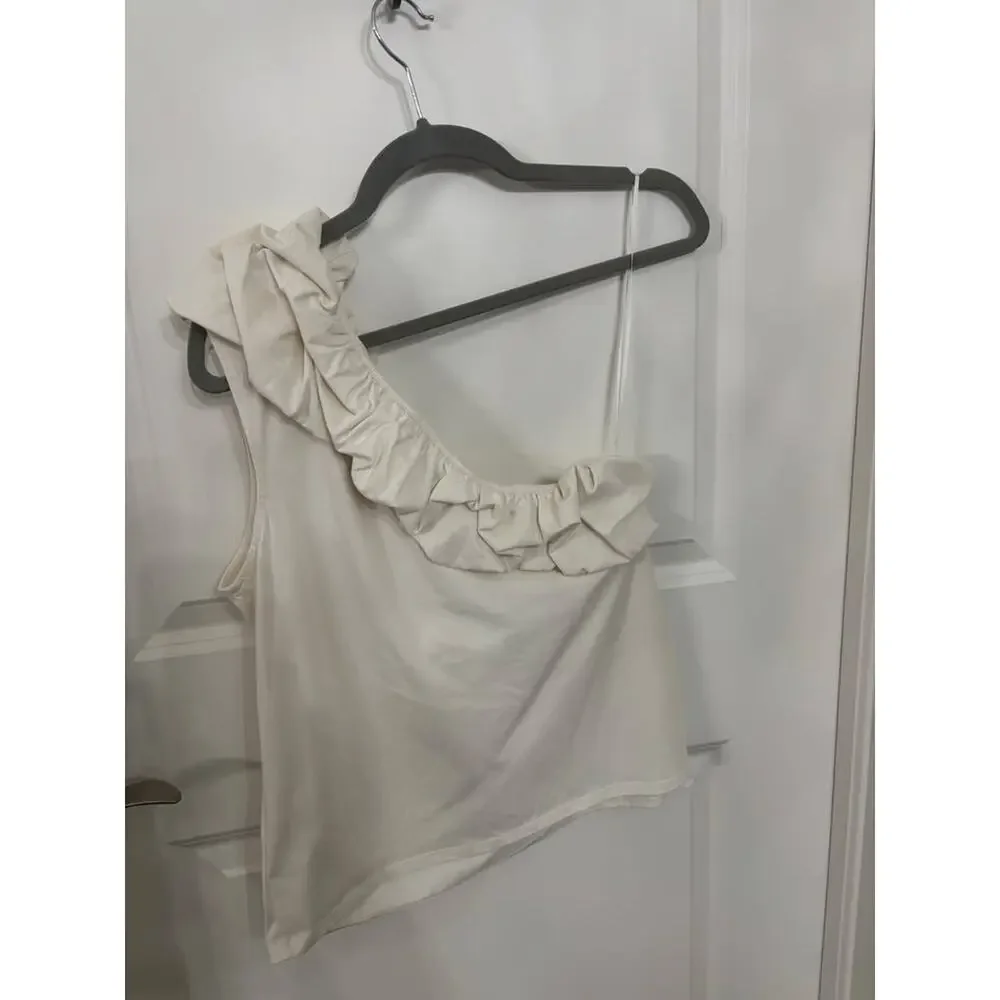 Express Linen-blend Ruffle One Shoulder Tank - Picture 2 of 3